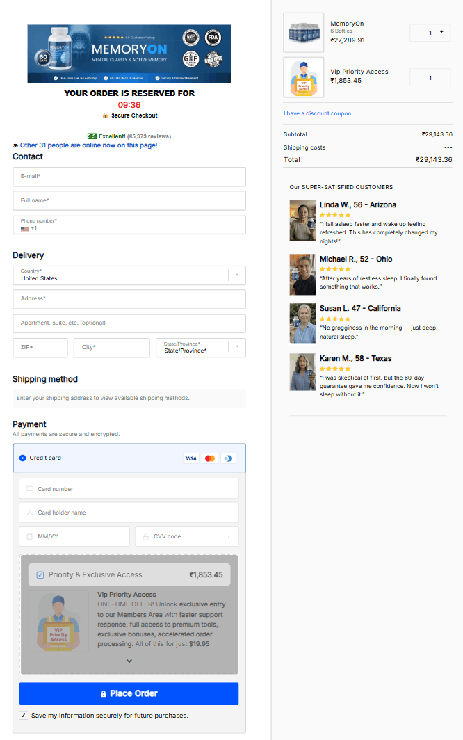 MemoryOn secure checkout page